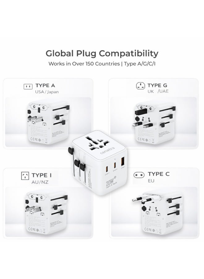 محول سفر عالمي بقدرة 20 واط، قابس شاحن سريع بتقنية USB-C PD GaN III مع 2 منافذ USB-C ومنفذ USB-A واحد للأجهزة اللوحية والهواتف – محول قابس دولي من النوع G/A/C/I للإمارات والمملكة المتحدة وأوروبا والولايات المتحدة وأستراليا - Image 2